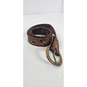 Vintage Handtooled Leather Belt Youth Sz S (17-22) Brown Flowers Brass Buckle
